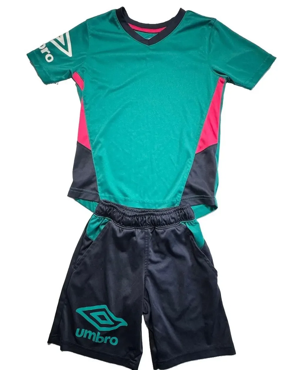 Umbro Youth Soccer Uniform Set Shirt S 6/7 Shorts XS 4/5 Green Pink EUC
